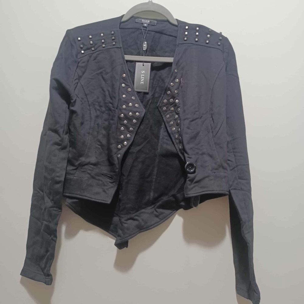 S Line Studded‎ Moto Jacket Black Asymmetrical Cropped Punk Biker Chic Women's M